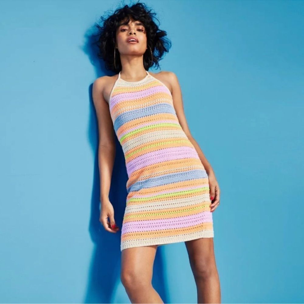 House of Harlow 1960 Crochet Knit Striped Colorful Halter Dress Size M